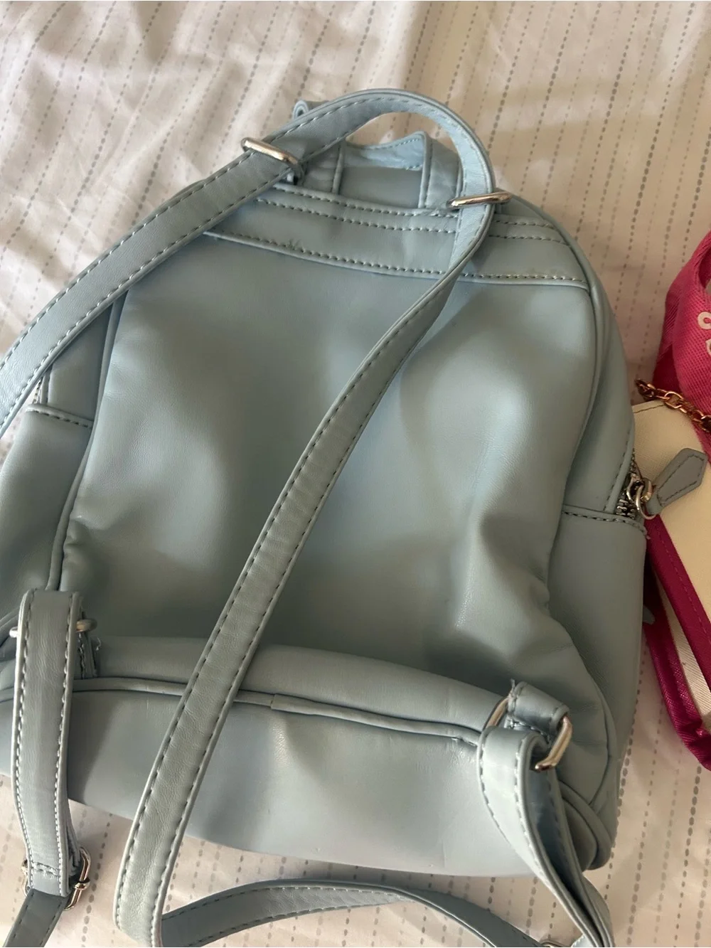 GUESS Light Blue Quilted Mini Backpack with Pink & White Logo Tote